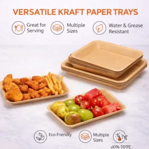 Disposable Kraft Paper Food Trays Sturdy Water and Grease Proof Food Grade Serving Containers