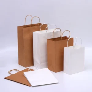 Disposable Kraft Paper Portable Takeout Bags Custom Printing Logo White Brown Paper Bags with Paper Handles for Food Delivery