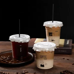 Disposable Modern Coffee and Milk Tea Cups with Transparent Clip-on Lid, Straw, and Plastic Outer Packaging