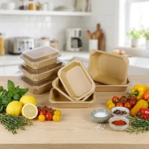 Disposable Rectangular Paper Tray with Plastic Lid