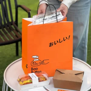 Disposable Recyclable Kraft Paper Bags with Handles for Pizza Sushi Noodle Customizable Size & Color High Quality Food Packaging