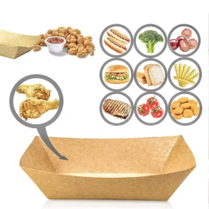 Disposable Recyclable Kraft Paper Boat Tray for Fries, Chicken, Salad, Sushi, and Noodles with Embossing