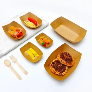 Disposable Recyclable Kraft Paper Oil- and Grease-Proof Food Serving Boat Tray for Snacks and Appetizers