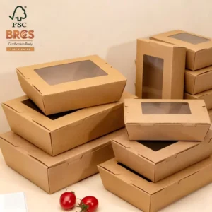 Disposable Self-Erecting Kraft Paper Salad Box with Clear Window and Oilproof PE Lining for Sushi and Noodles
