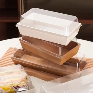 Disposable Square Kraft Paper Food Container with Clear PET Lid for Cakes, Sandwiches, Croissants, Pastries, and Bakery Takeaway