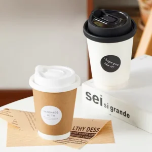 Double-Layer Kraft Paper Cups with Lids, Disposable Biodegradable Coffee Cups