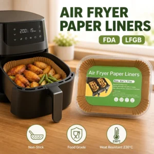Double-Sided Coated Rectangular Air Fryer Paper Liners 125PCS 20.5 x 14 cm 8 Inch FDA Source Factory Supermarket B2B FBA