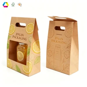 Durable Kraft Paper Beverage Takeaway Bag with Die-Cut Handle Custom Print and Window for Cafe Tea Shop and Beer Bottle Packaging