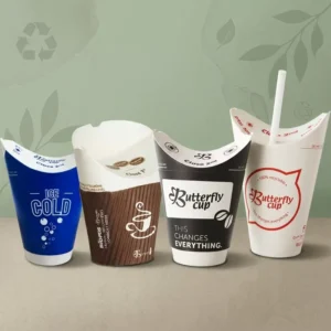 EU PPWR Compliant Eco 100% Recyclable Disposable Takeaway Tea Coffee Butterfly Water Based Coated Paper Cup Lid Free No Plastic