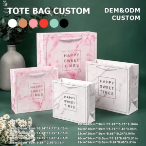 Eco Biodegradable Recyclable White Cardstock Paper Bags with Gold Ribbon Handles and Custom Logo for Garment Gift Packaging