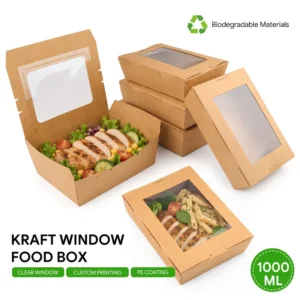 Eco-Friendly Biodegradable Disposable Kraft Paper Boxes Clear Window with PE Fast Food Packing
