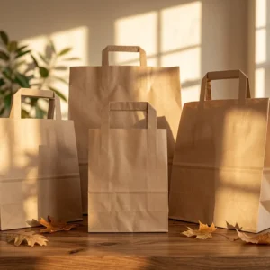 Eco-Friendly Biodegradable Durable Flat Handle Kraft Paper Take Away Bags with Custom Logo
