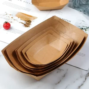 Eco Friendly Biodegradable Oil Resistant Custom Disposable Kraft Paper Boat Trays for Fried Chicken, Hot Dogs and Sugar
