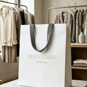Eco-Friendly Biodegradable Recyclable Reusable Ivory Board Gift Bag with Embossed Silver Logo, Ribbon Handles, and Matt Lamination