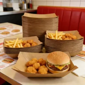 Eco-Friendly Brown Kraft Paper Boat Food Trays, Food-Grade Takeaway Packaging