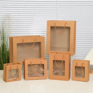 Eco-Friendly Custom Logo Brown Kraft Paper Gift Bags with Window, Large, for Clothing and Food