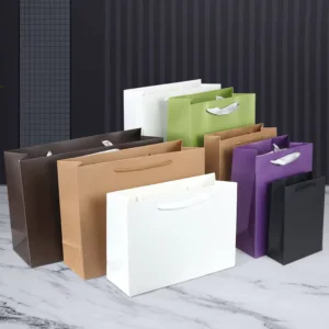 Eco-Friendly Customized Logo Printed Colored Kraft Paper Shopping Bag with Ribbon Handle