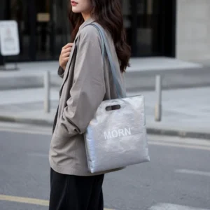 Eco-Friendly Degradable Kraft Paper Flat-Bottom Tote Bag, Large Capacity, Waterproof, Laptop Handbag, Customizable Logo
