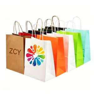 Eco-Friendly Disposable Kraft Paper Takeaway Bags with Handles for Burger and Fast Food Packaging
