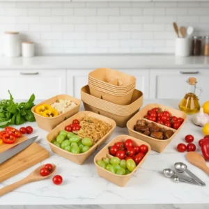 Eco-Friendly Disposable Rectangular Double-Compartment Kraft Paper Takeaway Lunch Box with Lid