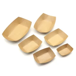 Eco-Friendly Disposable Recyclable Biodegradable Kraft Paper Boat-Shaped Food Serving Trays with Takeaway Packaging