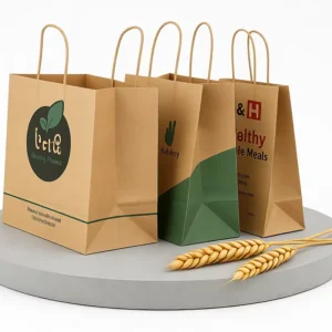 Eco-Friendly Durable Brown Kraft Paper Shopping Bags with Twisted Handles, Screen Printed, Food Safe, Custom Holiday Design