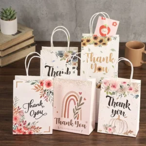 Eco-Friendly Floral Cartoon Printed Recyclable Kraft Paper Shopping Bags with Handles