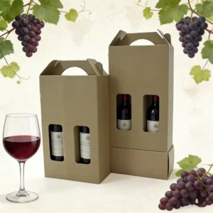 Eco-Friendly Kraft Corrugated Cardboard 2-Bottle Wine Gift Box with Handle and Printed Design