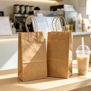 Eco Friendly Kraft Paper Single Double Cup Packaging Bags with Handle for Coffee Shop Boba Milk Tea Takeaway