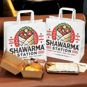 Eco Friendly Recyclable Brown Kraft Paper Delivery Bag for Shawarma Kebab & Deli Food Takeaway Custom Logo Printed