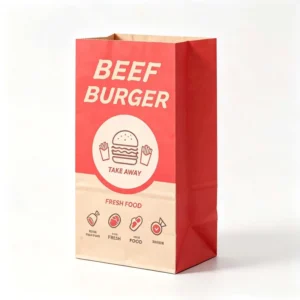Eco Friendly Recyclable Brown Kraft Paper Square Bottom Flexo Printed Burger Chips Pizza Grocery Fast Food Takeaway Paper Bags