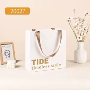 Eco-Friendly Recycled Materials Customizable White Paper Handbag With Gold Offset-Printed Handle