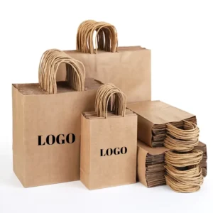 Eco friendly Biodegradable Recyclable Luxury Kraft Paper Bags Brown Handles for Food Packaging Custom Logo Pizza Takeaway Gift