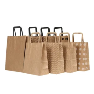 Eco friendly Custom Takeout Delivery Recyclable Brown Kraft Paper Bag with Flat Handle