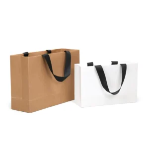 Eco friendly Foldable Reusable logo Print Flat Handles Personalized Brown Custom Kraft Paper Shopping Bags with Ribbon Handle