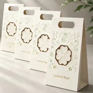 Embossed Hollow Square Bottom Paperboard Gift Bag Custom Logo Premium Die Cut Handle Wedding Party Bouquet Eco Recyclable