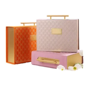 Embossed Velvet Rigid Gift Box Wooden Handle Sponge Lining Recyclable Storage Case for Wedding Mooncake Chocolate