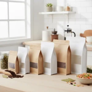 Environmentally Friendly Kraft Paper Upright Food Packaging Bean Pouch Coffee Bag Stand Up Flat Bottom Zipper Bag With Window