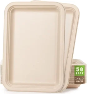Extra Large 14×10 Inch Biodegradable Bagasse Meat Tray Disposable Plate for Whole Chicken BBQ Catering Camping