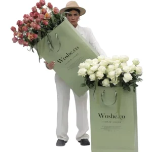 Extra Long Tall Flower Paper Gift Bag with Silk Ribbon Handle, Custom Print Logo, Rose Bouquet Packaging