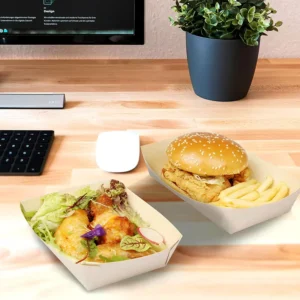 Factory Custom Logo Color Disposable Kraft Paper Food Takeaway Serving Tray Brown French Fries Snack Food Boat Tray