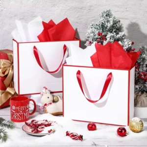 Factory Direct White Card Paper Bags with Ribbon Handles for Festival and Candy Shopping