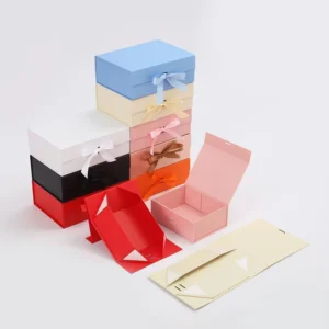 Factory Rigid Gift Box Magnetic Flip Box Bow Design Matte Lamination Foldable Flat Packaging