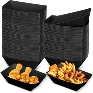 Factory Supply Disposable Black Greaseproof Paper Snack Serving Trays and Food Boats