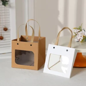 Fancy Handle Square Kraft Paper Gift Window Bags