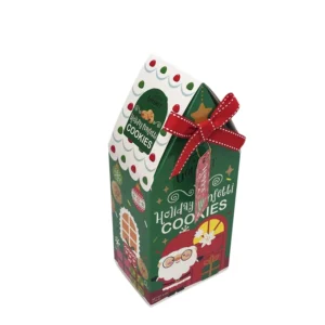 Festive House-Shaped Gable Treat Box with Ribbon and Hang Tag, Custom-Printed Folding Cardboard Box