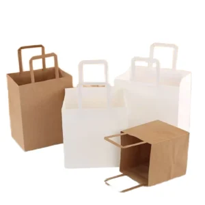 Flat Paper Handle Kraft Paper Shopping Tote Bags Brown or White for Takeaway Food and Gifts