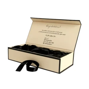 Flip Rigid Gift Box with Printed Inner Lid Text, Black Satin Fabric Lining, Attached Ribbon Pull Tab, Hard Paperboard