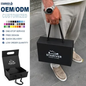 Foldable Magnetic Footwear Box Matte Black Silk Screen Logo Sneaker Packaging Box with Sturdy Twisted Rope Handle