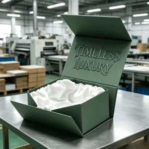 Foldable Rigid Flip Box with White Satin Insert and Embossed Logo for Jewelry, Watches, and Fashion Accessories